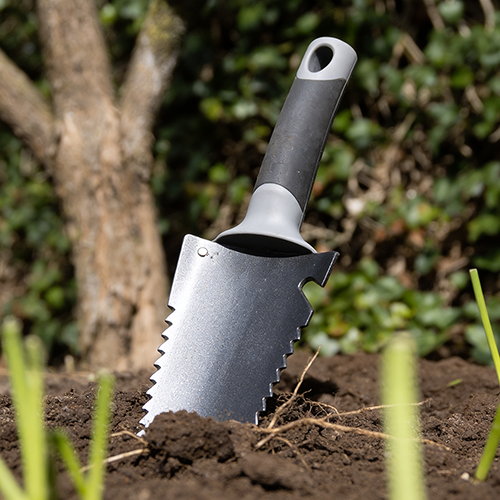 Mini wortelzaag met getande rand staat in de aarde in de tuin