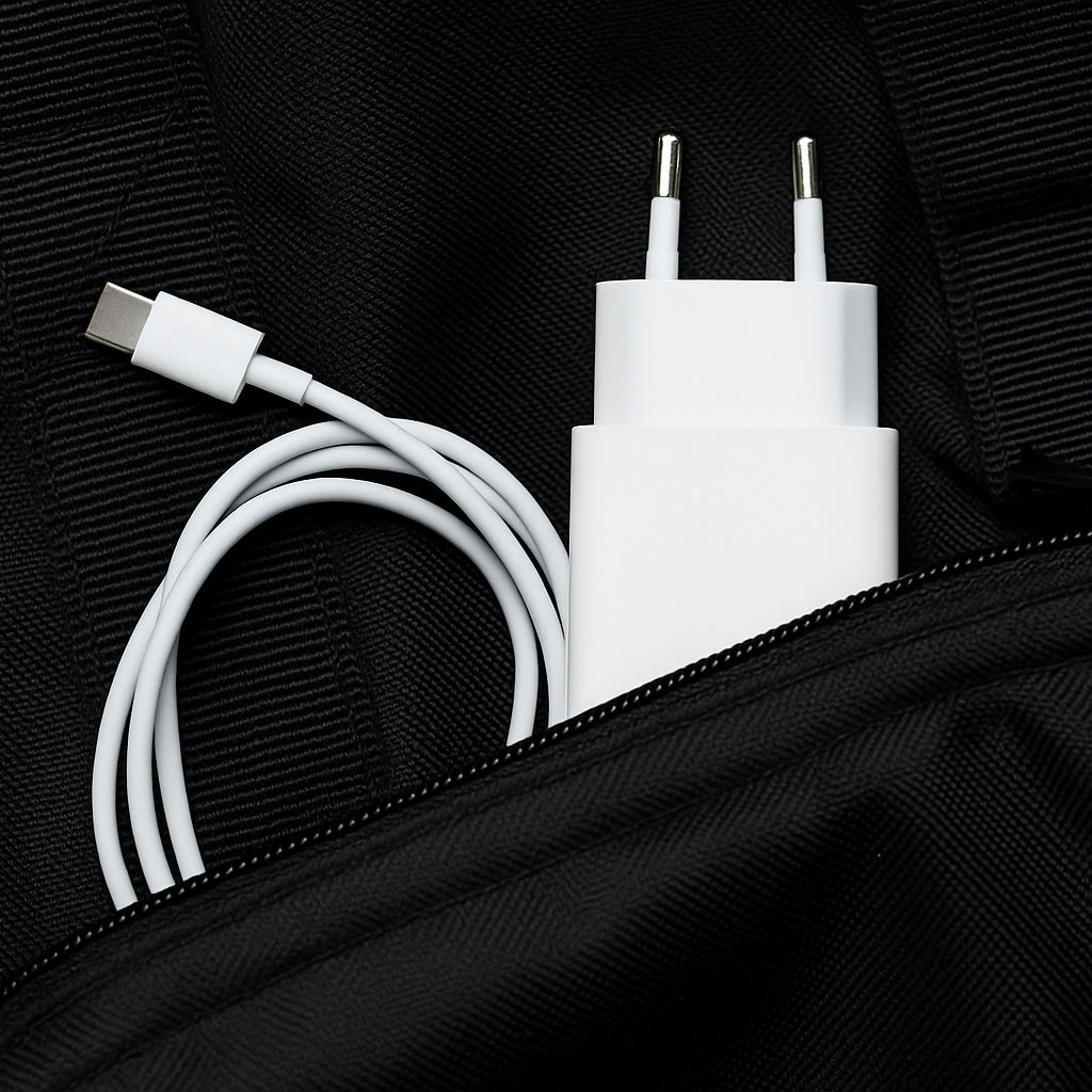 Witte snellaadadapter met USB-C-kabel in het voorvak van een zwarte tas