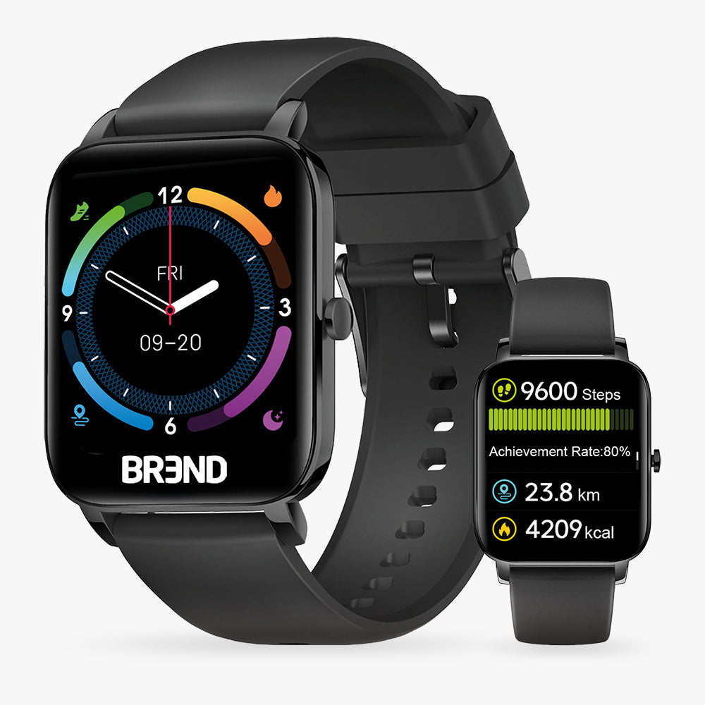 BREND smartwatch met zwart bandje en zwarte kast, met wijzerplaat en stappenteller