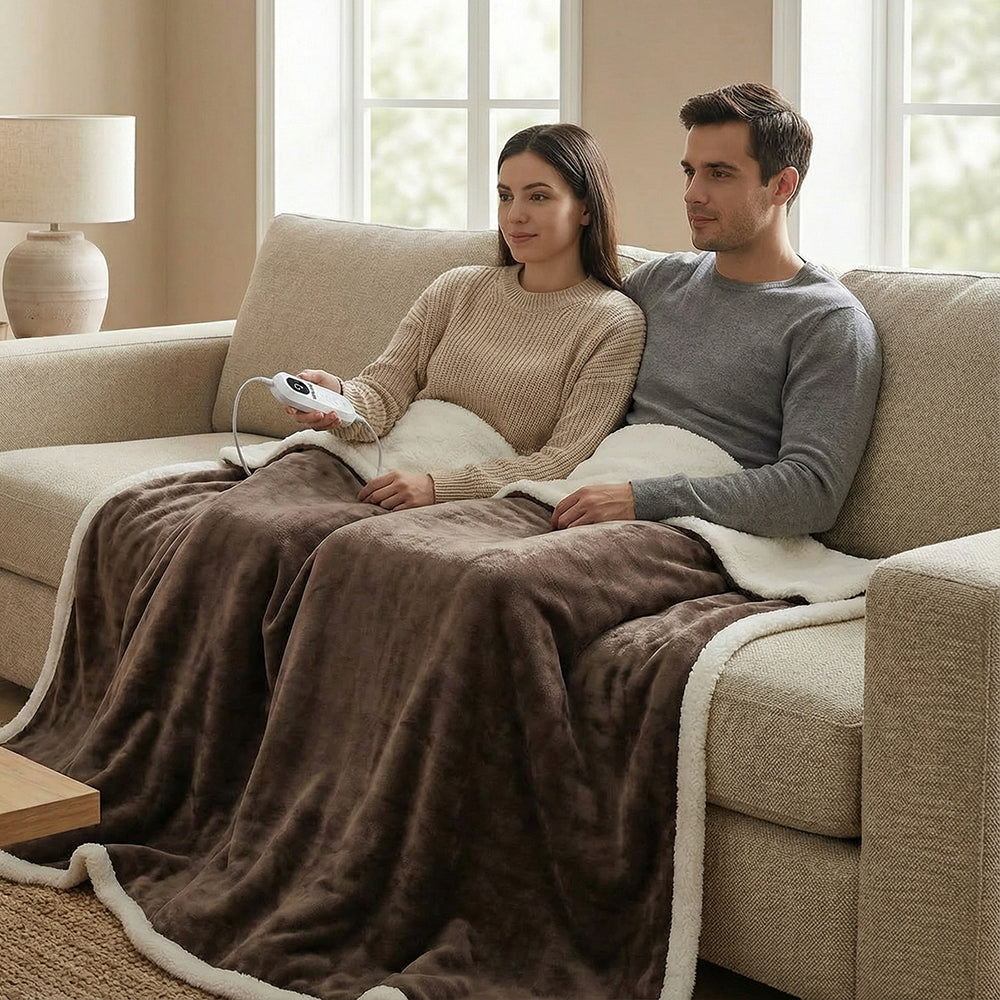 Man en vrouw zitten samen op de bank onder de bruine elektrische plaid