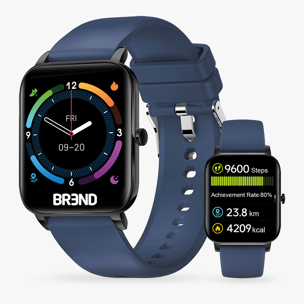 BREND smartwatch met donkerblauw bandje, voorkant met wijzerplaat en een tweede scherm met stappenteller