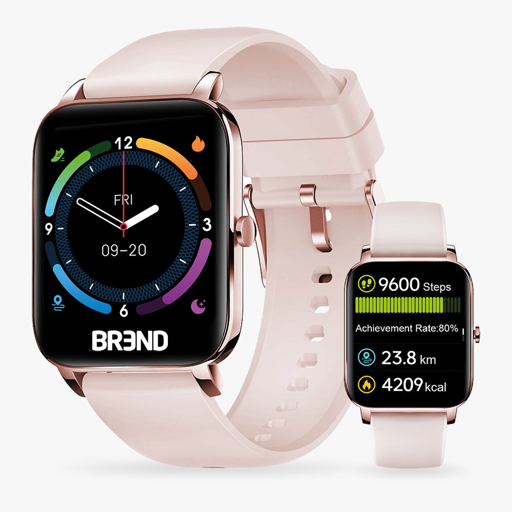 BREND smartwatch met roze bandje en roségouden kast, met wijzerplaat en stappenteller