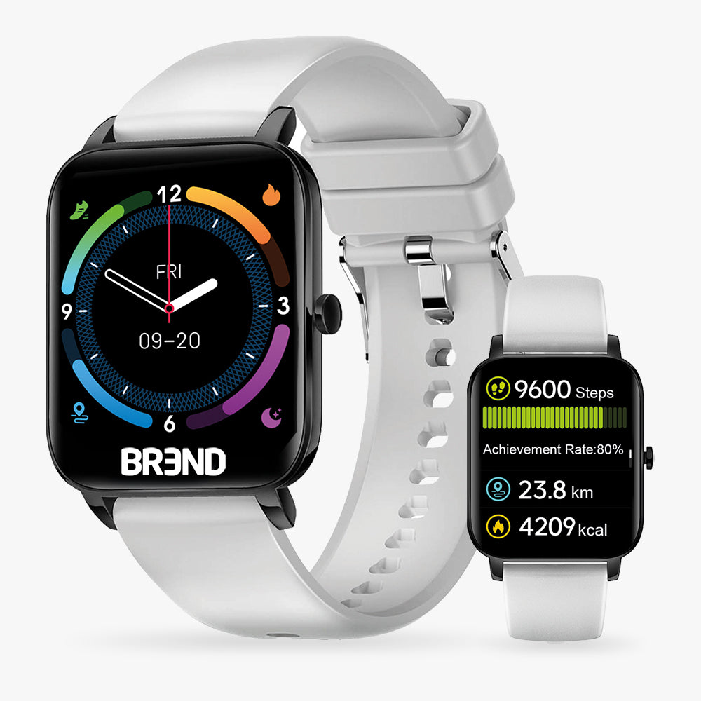 BREND smartwatch met wit bandje en zwarte kast, met wijzerplaat en stappenteller