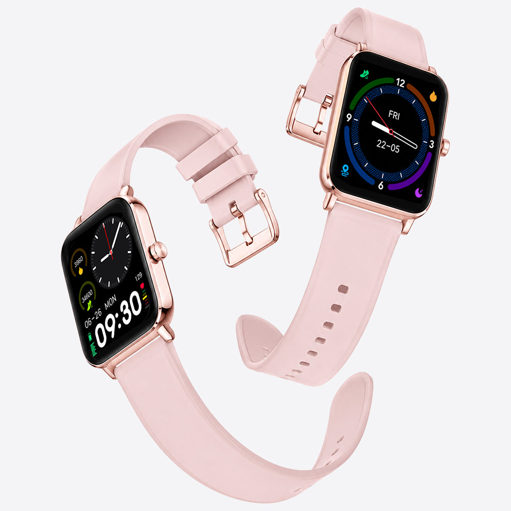 Twee roze smartwatches met roségouden kast en verschillende wijzerplaten