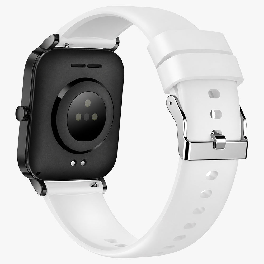 Achterkant van de smartwatch met hartslagsensor en laadcontacten, met wit bandje