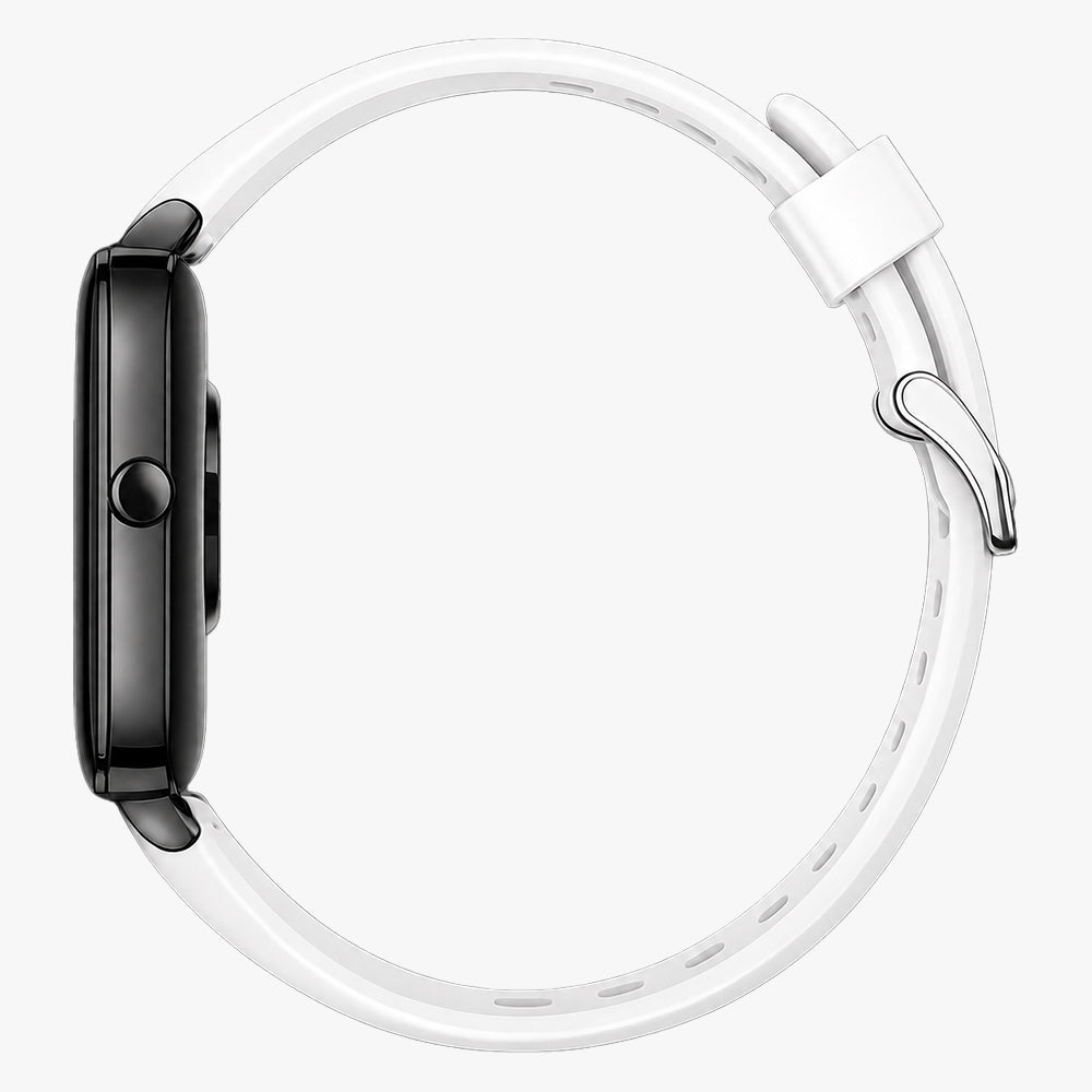 Zijaanzicht van de smartwatch met zijknop en dichtgegespt wit bandje