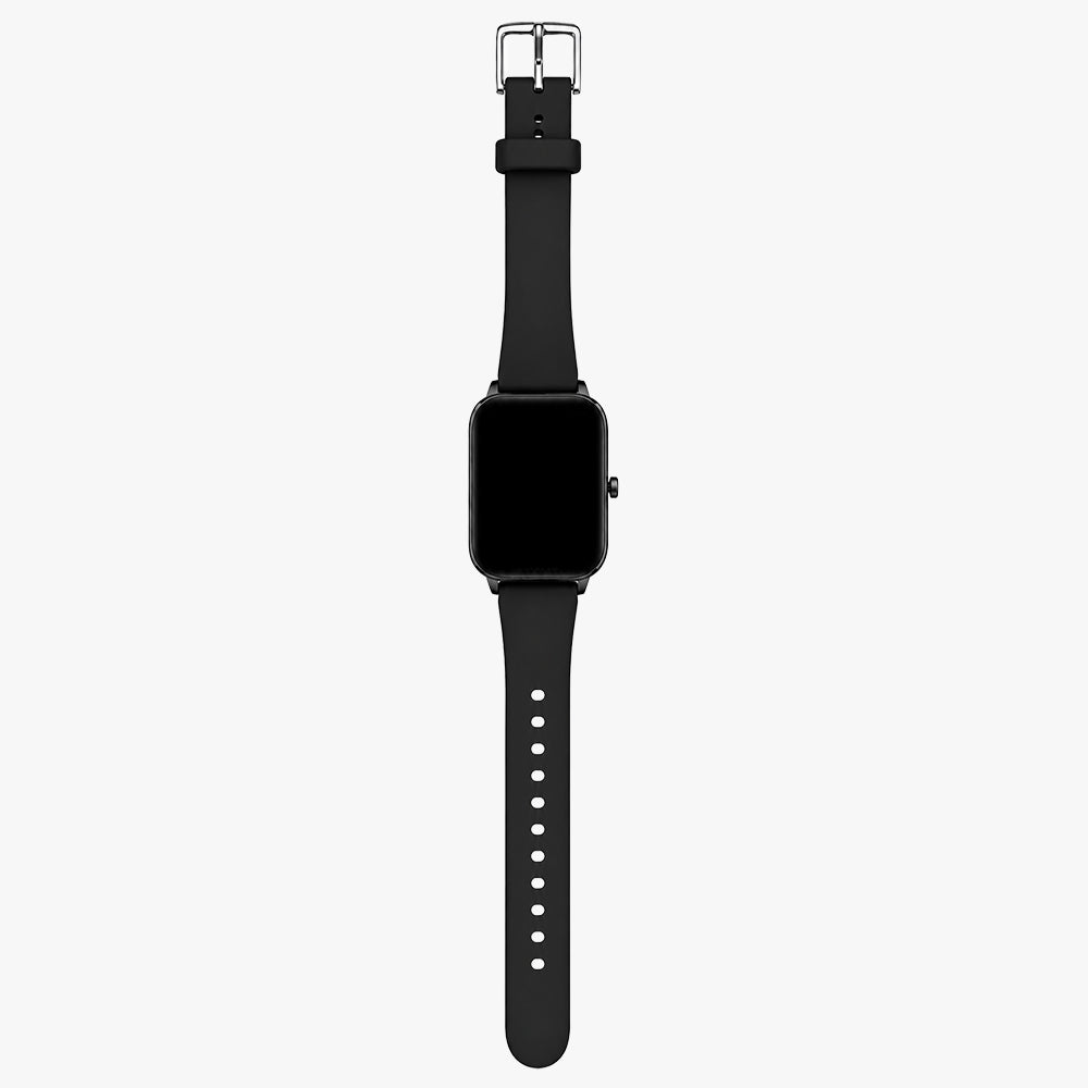 Zwarte smartwatch met het bandje volledig uitgestrekt