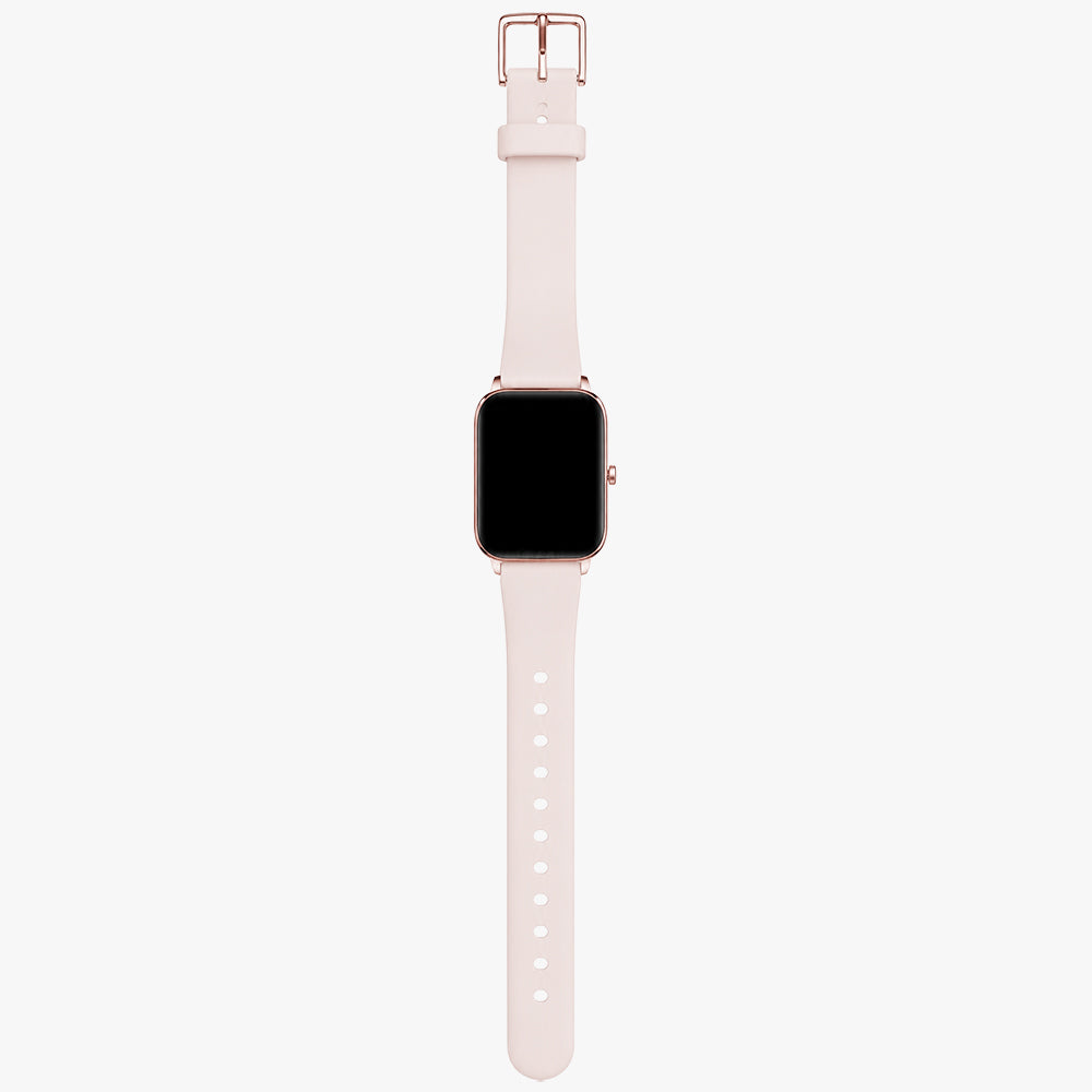 Roze smartwatch met het bandje volledig uitgestrekt