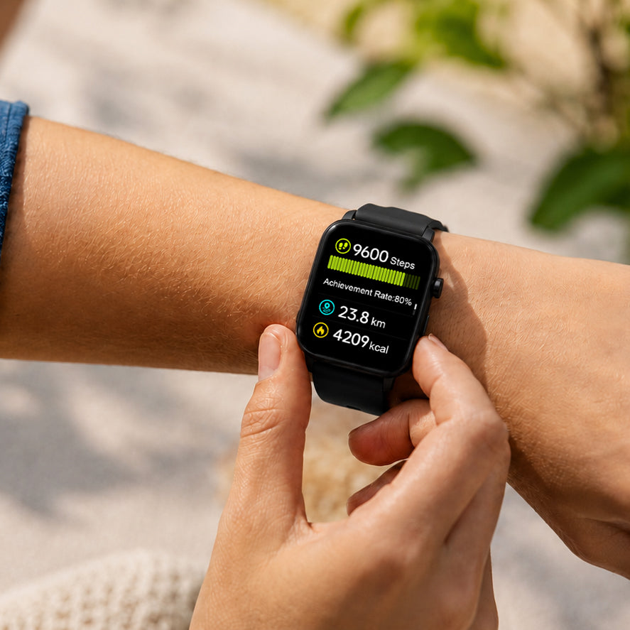 Smartwatch om de pols toont stappen, afstand en verbrande calorieën