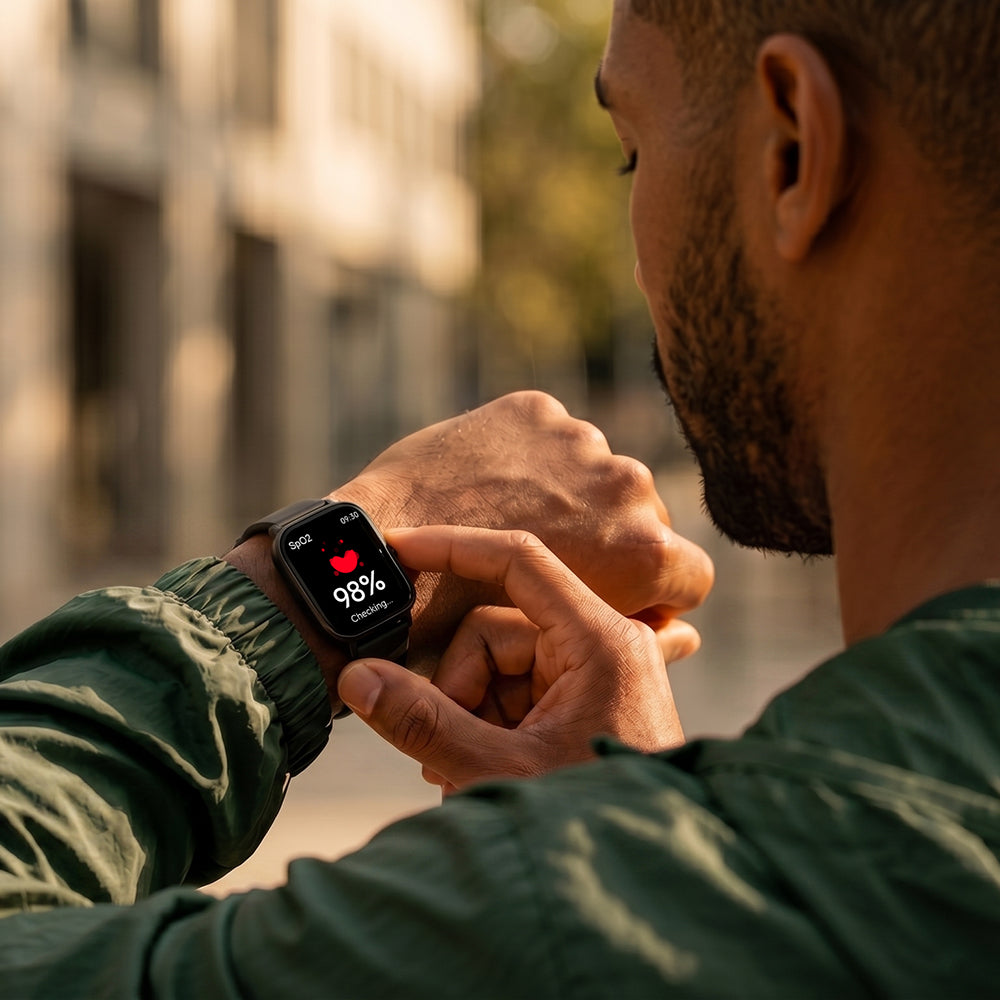 Man kijkt buiten naar de zuurstofmeting op zijn zwarte smartwatch