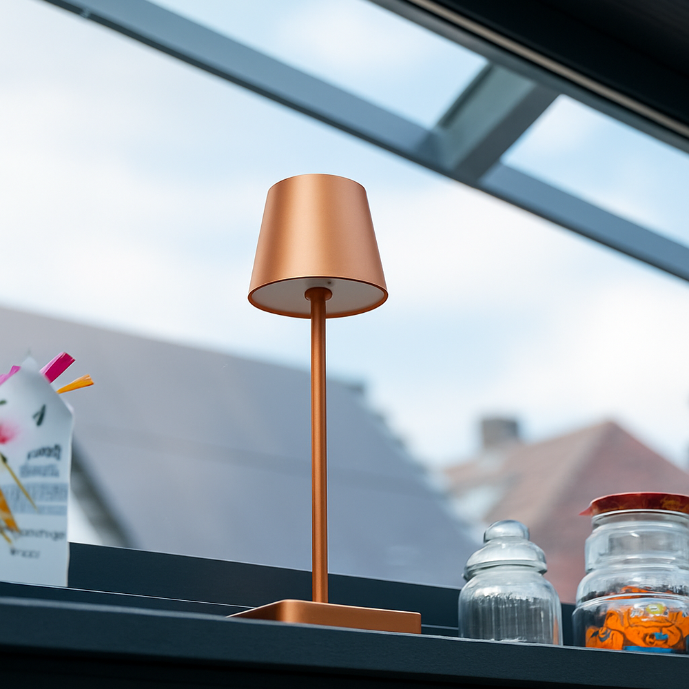 Bronzen draadloze tafellamp op de vensterbank onder een dakraam