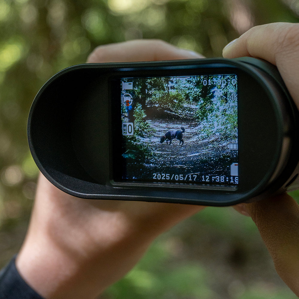 Scherm van de digitale verrekijker toont een dier in het bos met datum en tijd