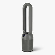 Grijze bladloze ventilatorkachel met ovale blaasring en rond display, schuin van voren