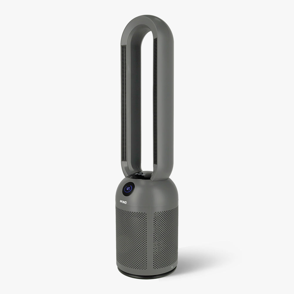 Grijze bladloze ventilatorkachel met ovale blaasring en rond display, schuin van voren