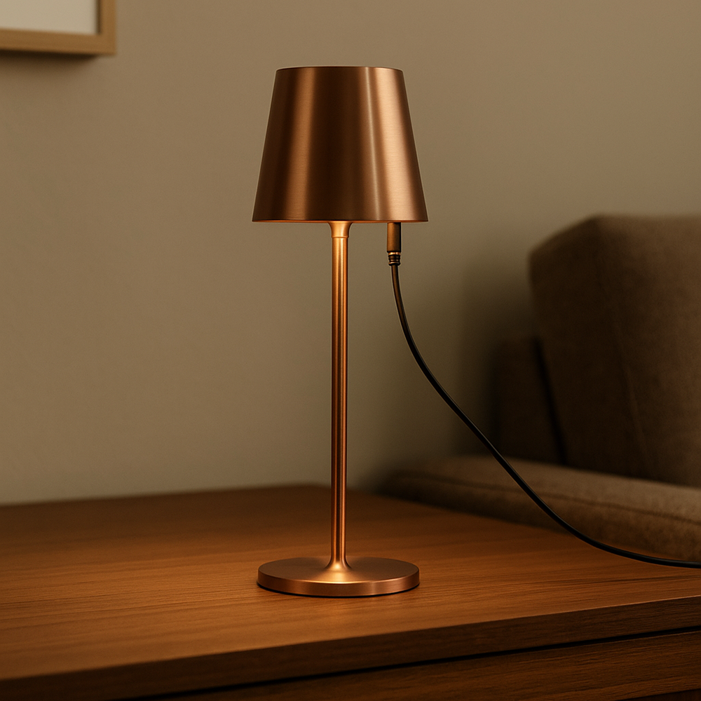 Koperkleurige tafellamp met aangesloten oplaadkabel op een houten tafel