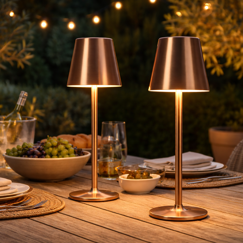 Twee koperkleurige draadloze tafellampen op een gedekte tuintafel in de avond
