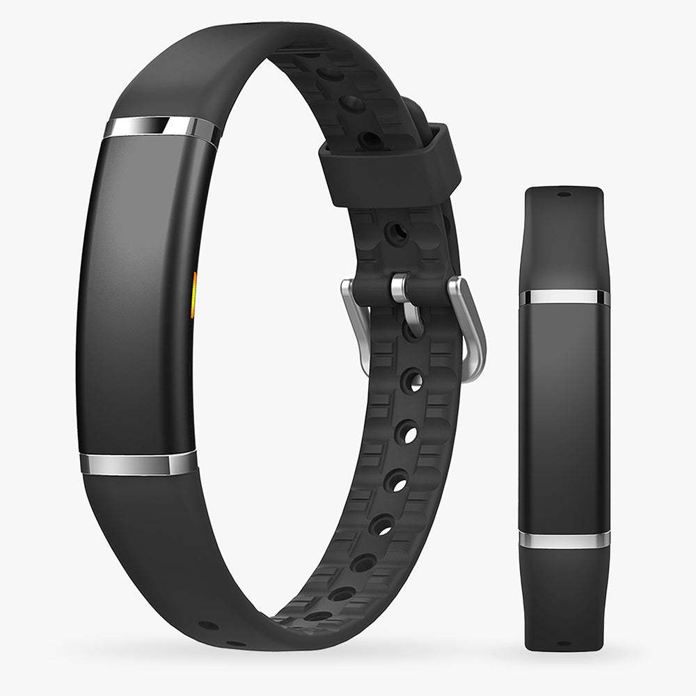 Zwarte activity tracker met zwarte behuizing, naast een los zwart bandje
