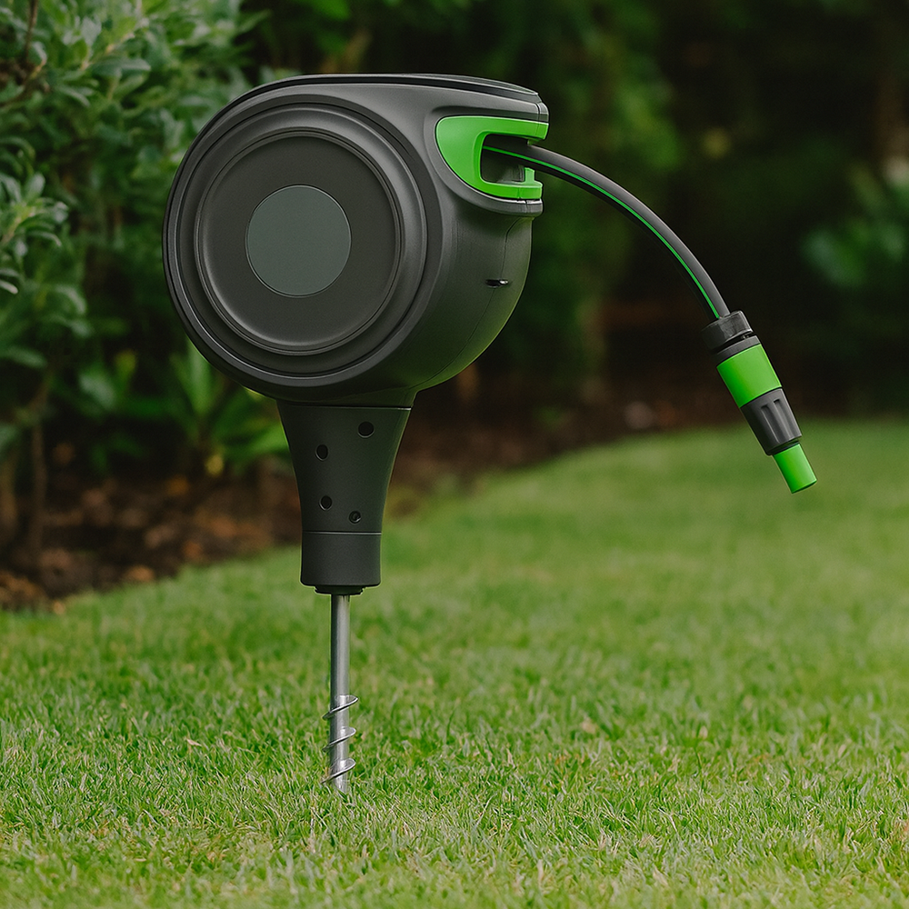 Dévidoir de tuyau d'arrosage planté dans la pelouse avec son piquet