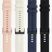 Horlogebandjes voor de smartwatch in roze, crème, donkerblauw en zwart naast elkaar