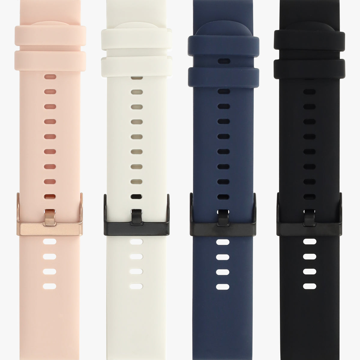 Horlogebandjes voor de smartwatch in roze, crème, donkerblauw en zwart naast elkaar