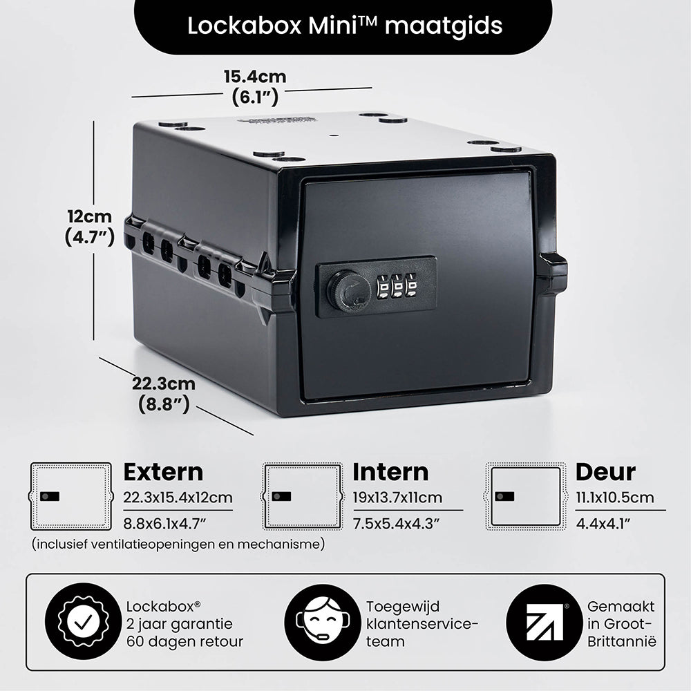 Maatgids van de Lockabox Mini: buitenmaten 22,3 x 15,4 x 12 cm