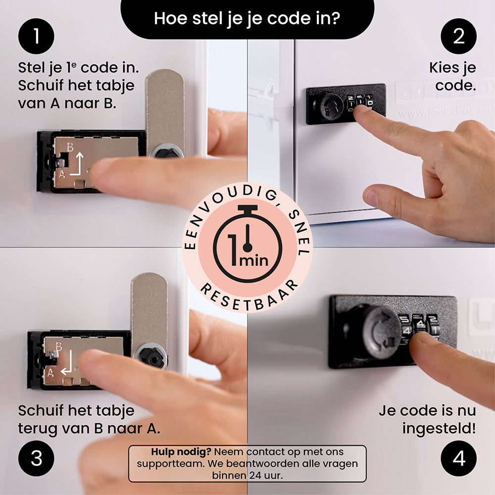 Uitleg in vier stappen hoe je de code van het Lockabox-cijferslot instelt
