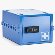 Blauwe Lockabox Mini opbergbox met cijferslot en wit kruis op de deur