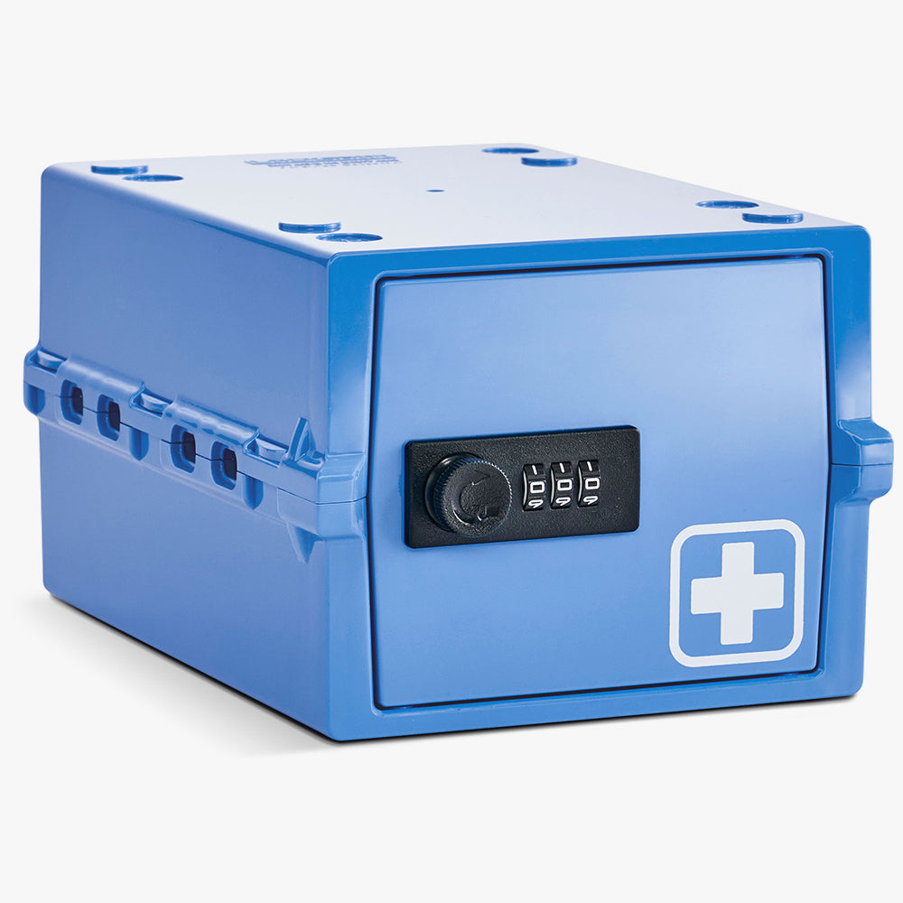 Blauwe Lockabox Mini opbergbox met cijferslot en wit kruis op de deur