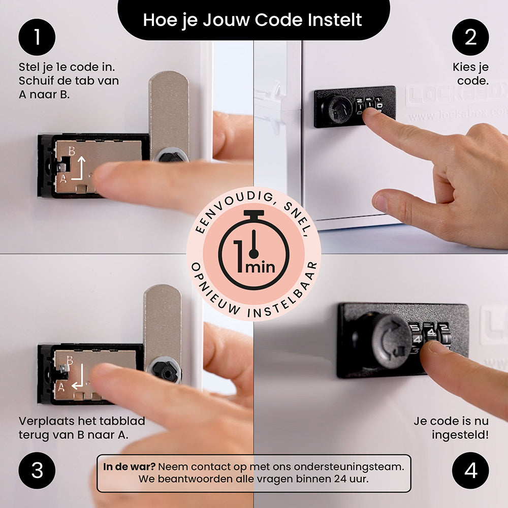 Uitleg in vier stappen hoe je de code van de Lockabox One instelt