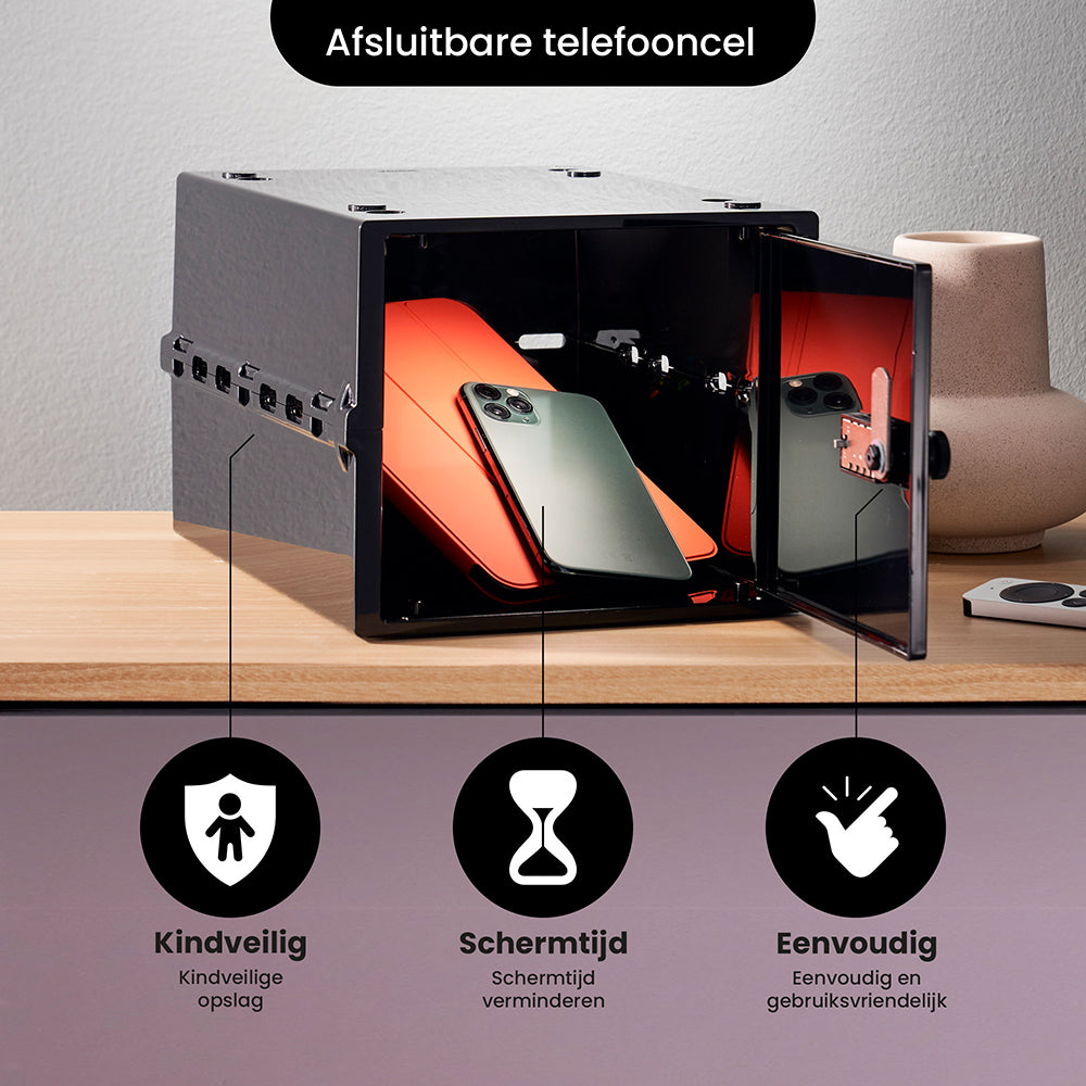 Geopende Lockabox One met smartphones erin om schermtijd te beperken