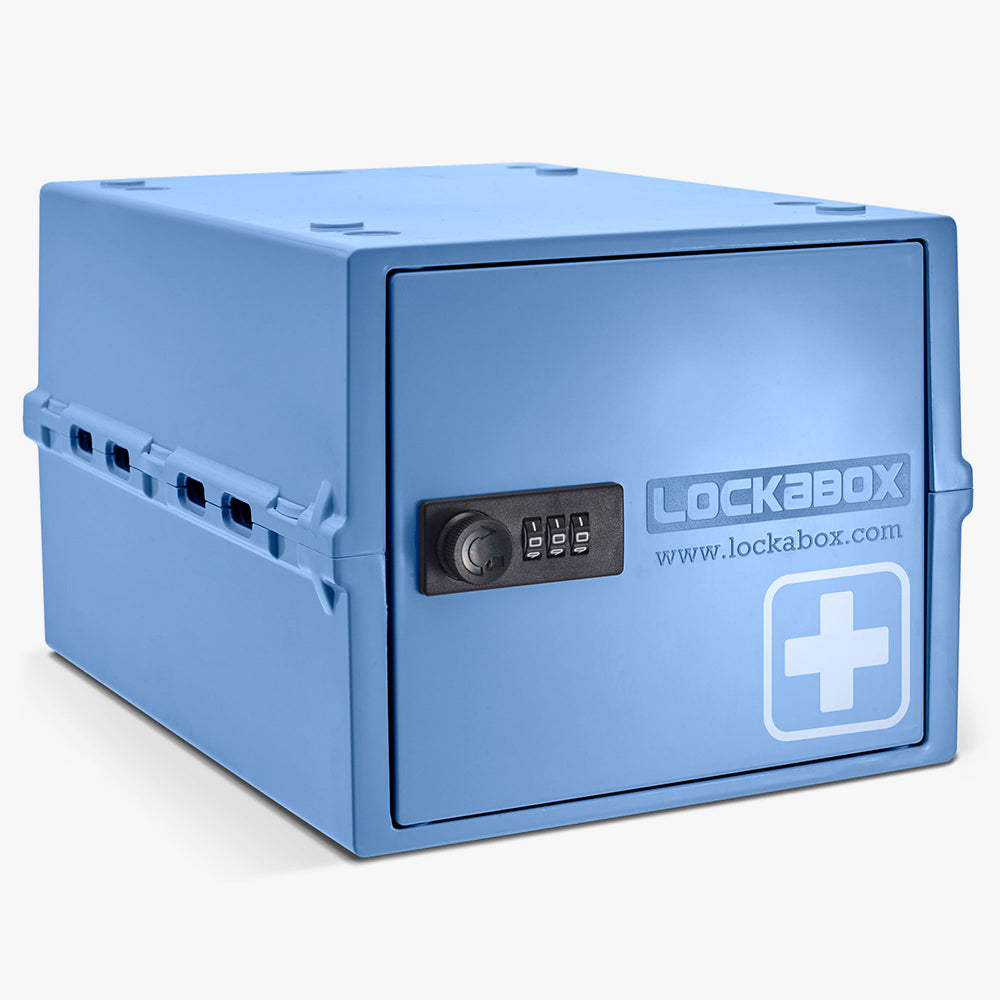 Blauwe Lockabox One opbergbox met cijferslot en wit kruis op de deur