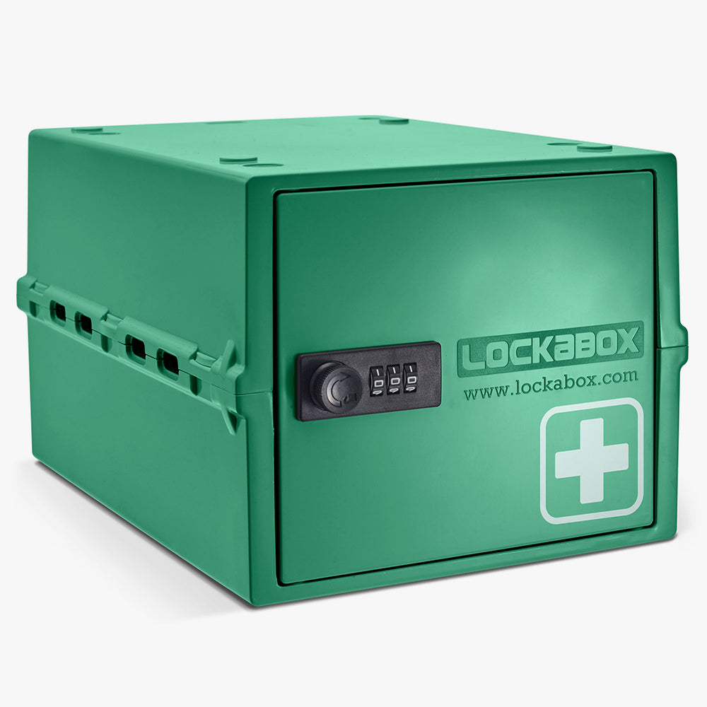 Groene Lockabox One opbergbox met cijferslot en wit kruis op de deur