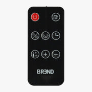 Télécommande BREND noire pour chauffage colonne à effet flamme, avec bouton marche-arrêt rouge et six touches de fonction