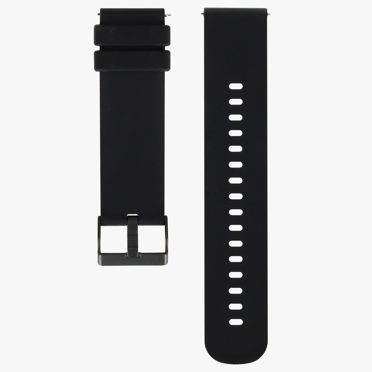 Zwart siliconen horlogebandje voor de smartwatch, beide delen naast elkaar
