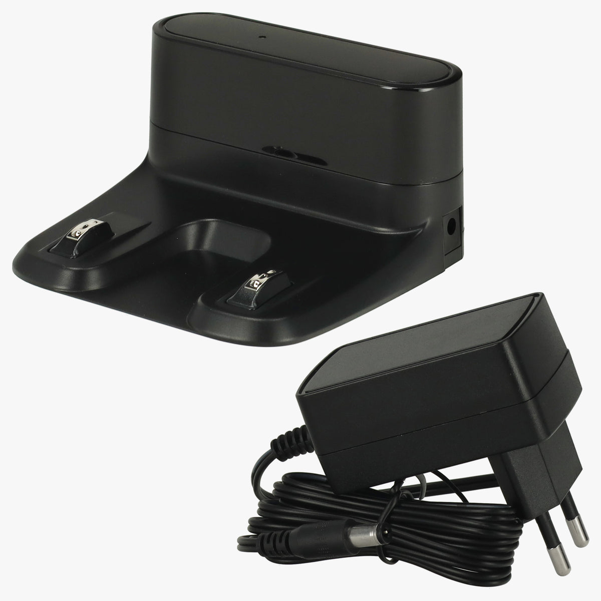 Oplaadset voor de robotstofzuiger: zwart oplaadstation met netadapter