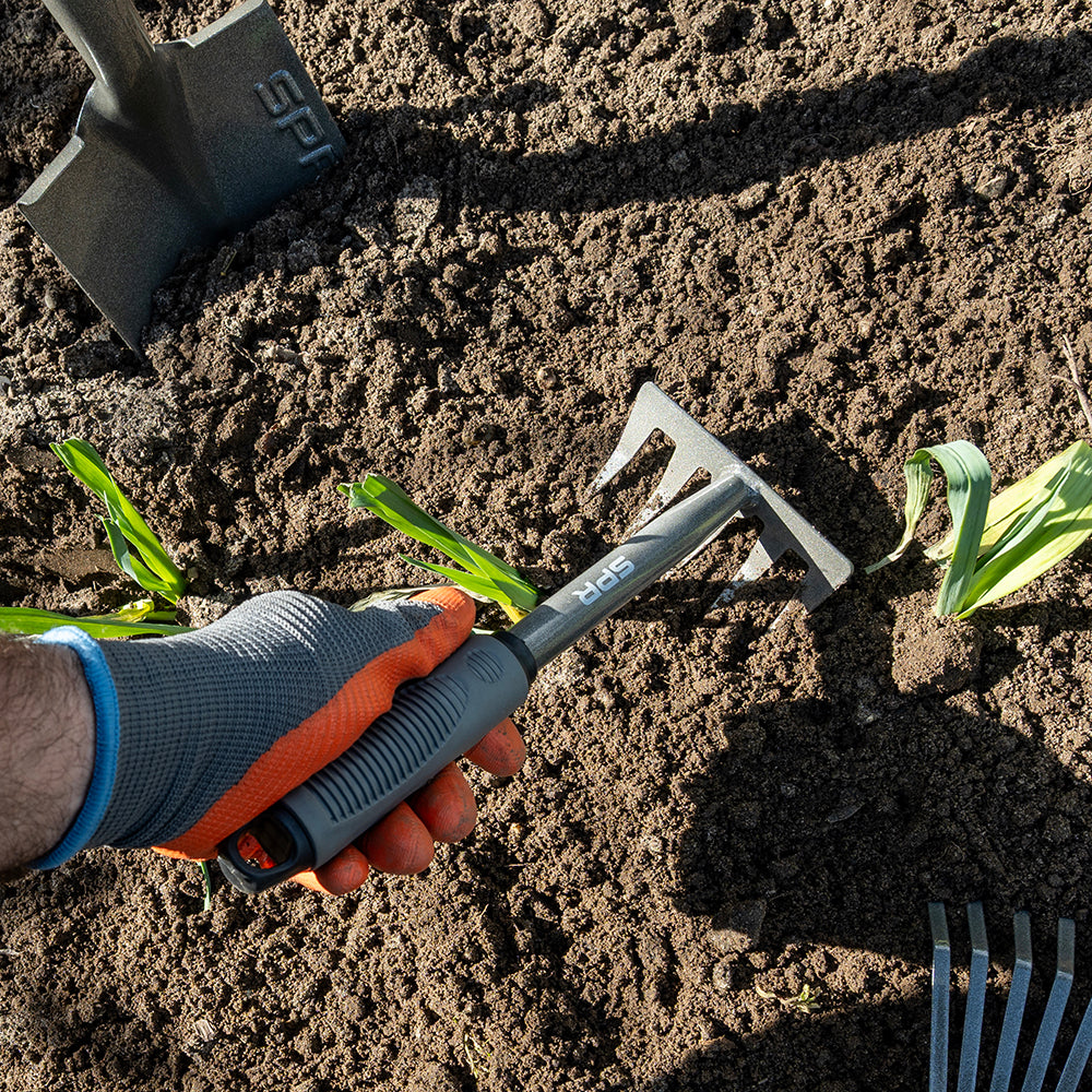 Hand woelt de grond los met de hark met 5 tanden tussen jonge plantjes