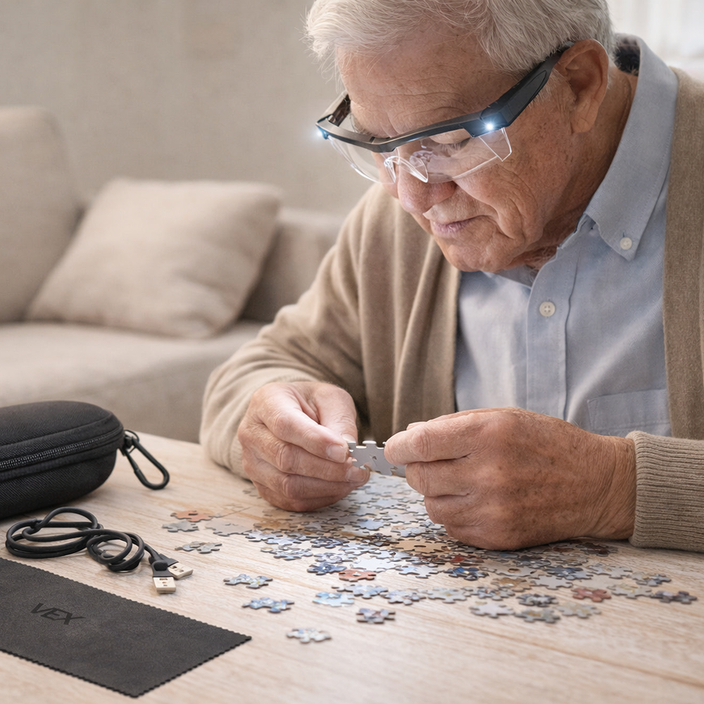 Oudere man legt een puzzel met de vergrootglasbril met led-licht op