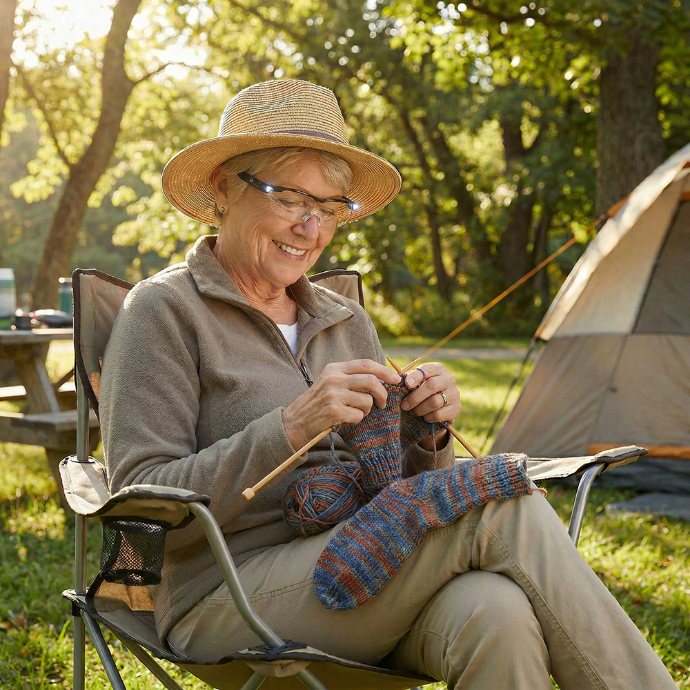 Vrouw met zonnehoed breit sokken op de camping met de vergrootglasbril op
