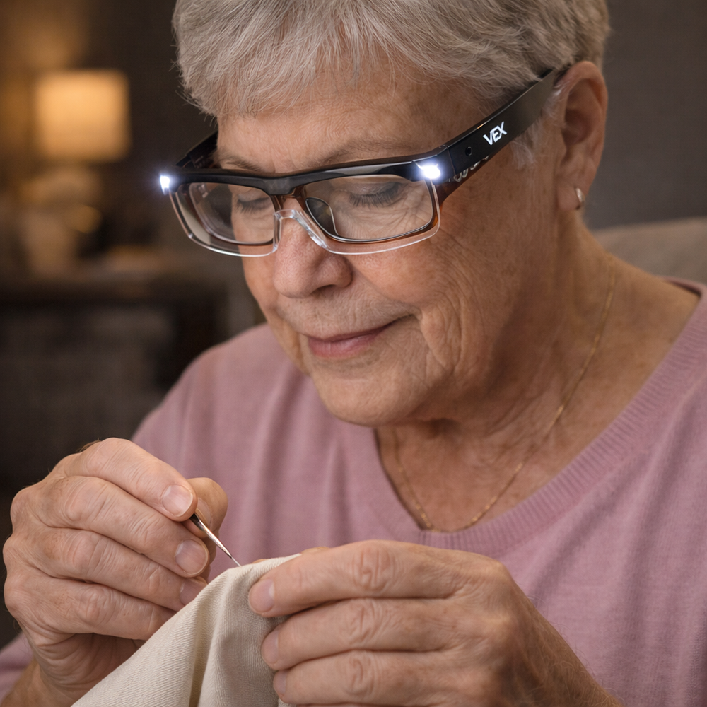 Vrouw rijgt een draad door een naald met de vergrootglasbril met led-licht op