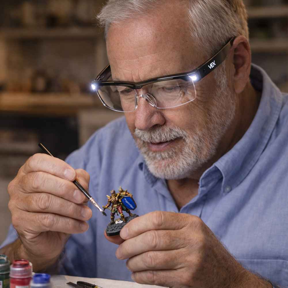 Man beschildert een miniatuurfiguurtje met de vergrootglasbril met led-licht op