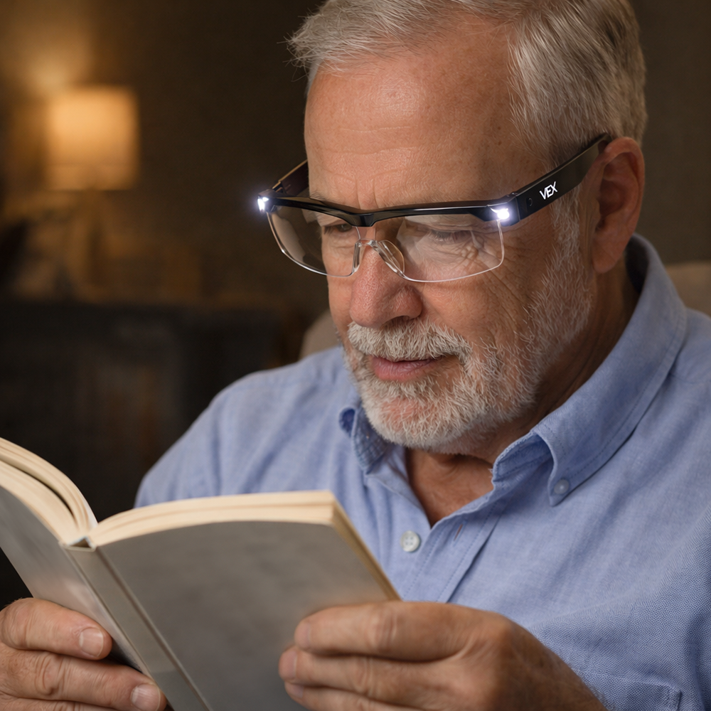 Man leest een boek in de avond met de vergrootglasbril met led-licht op