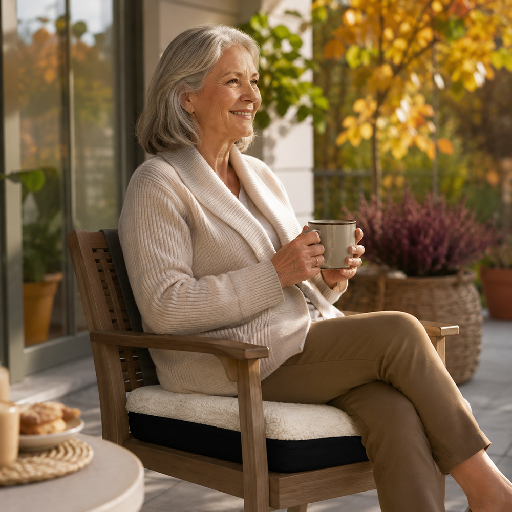 Vrouw met een kop koffie zit op het zitkussen op een houten tuinstoel op het terras