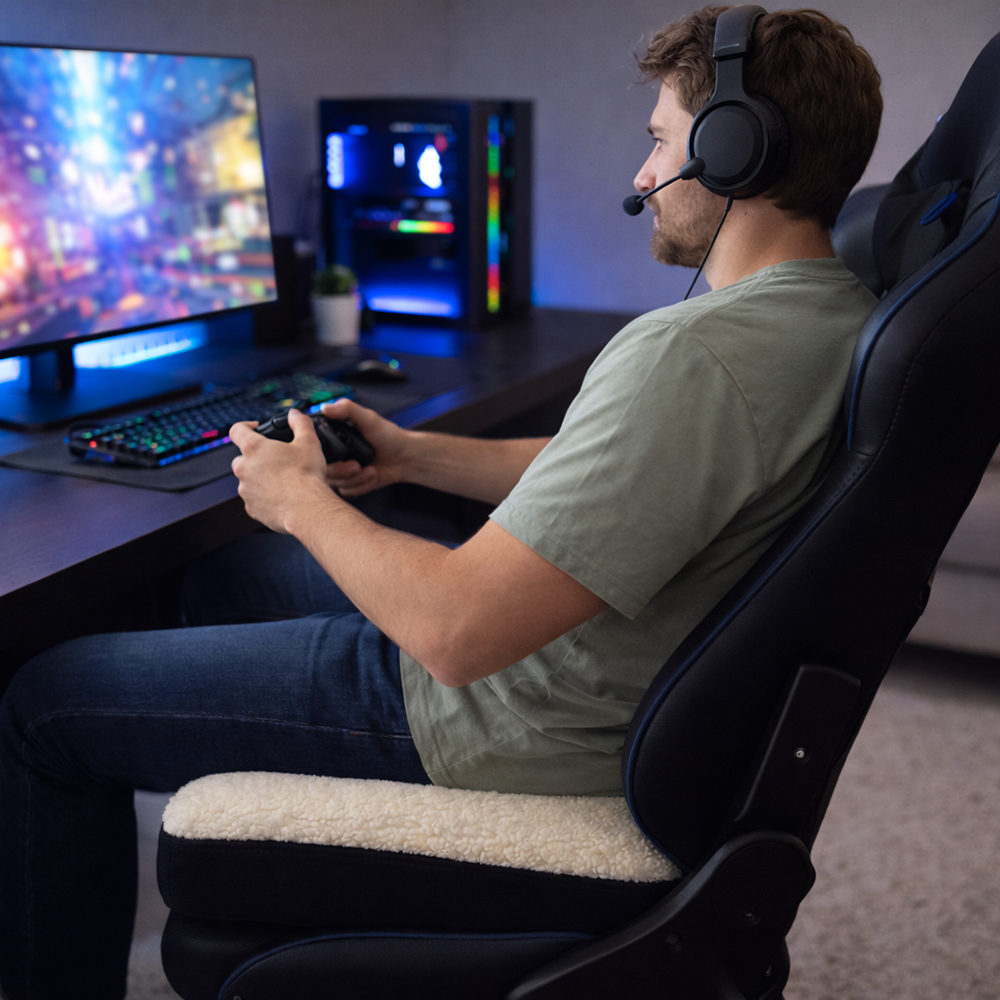Gamer zit op het zitkussen in een gamestoel achter zijn computer