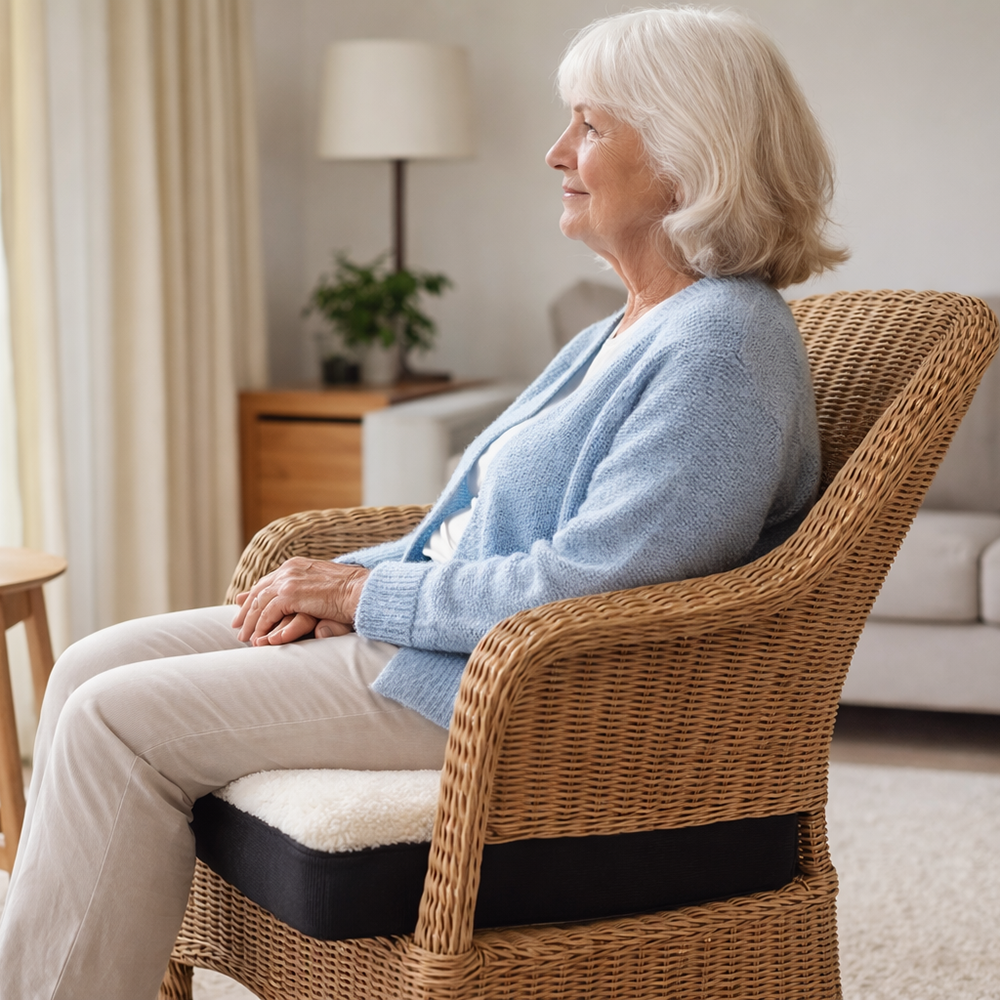 Oudere vrouw zit op het zitkussen in een rieten stoel in de woonkamer